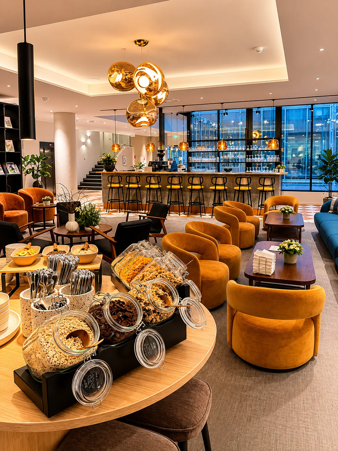 Frühstücksbereich mit Müsli-Bar und goldenen Pendelleuchten
