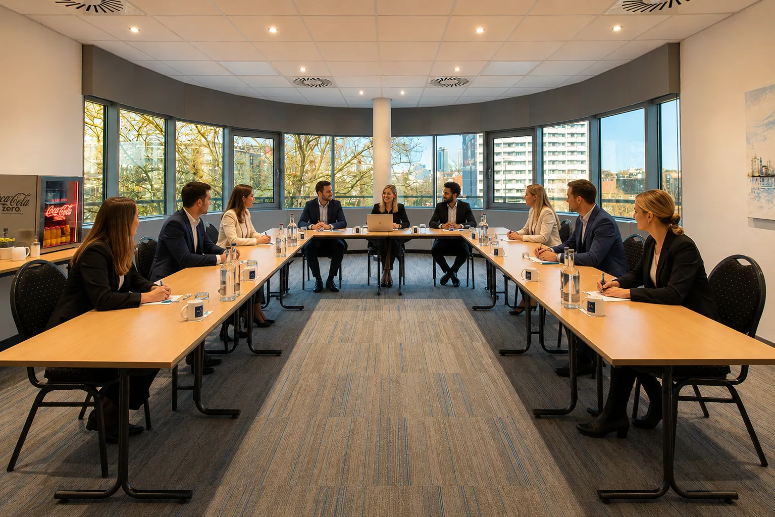Tagungsraum mit U-Bestuhlung in Nutzung · neun Teilnehmer im Meeting